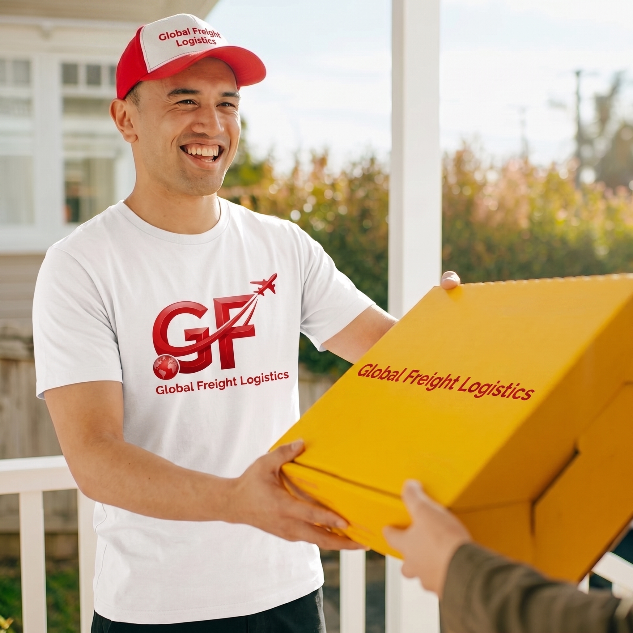 Global Freight Logistics delivery agent handing over a package at a client's doorstep